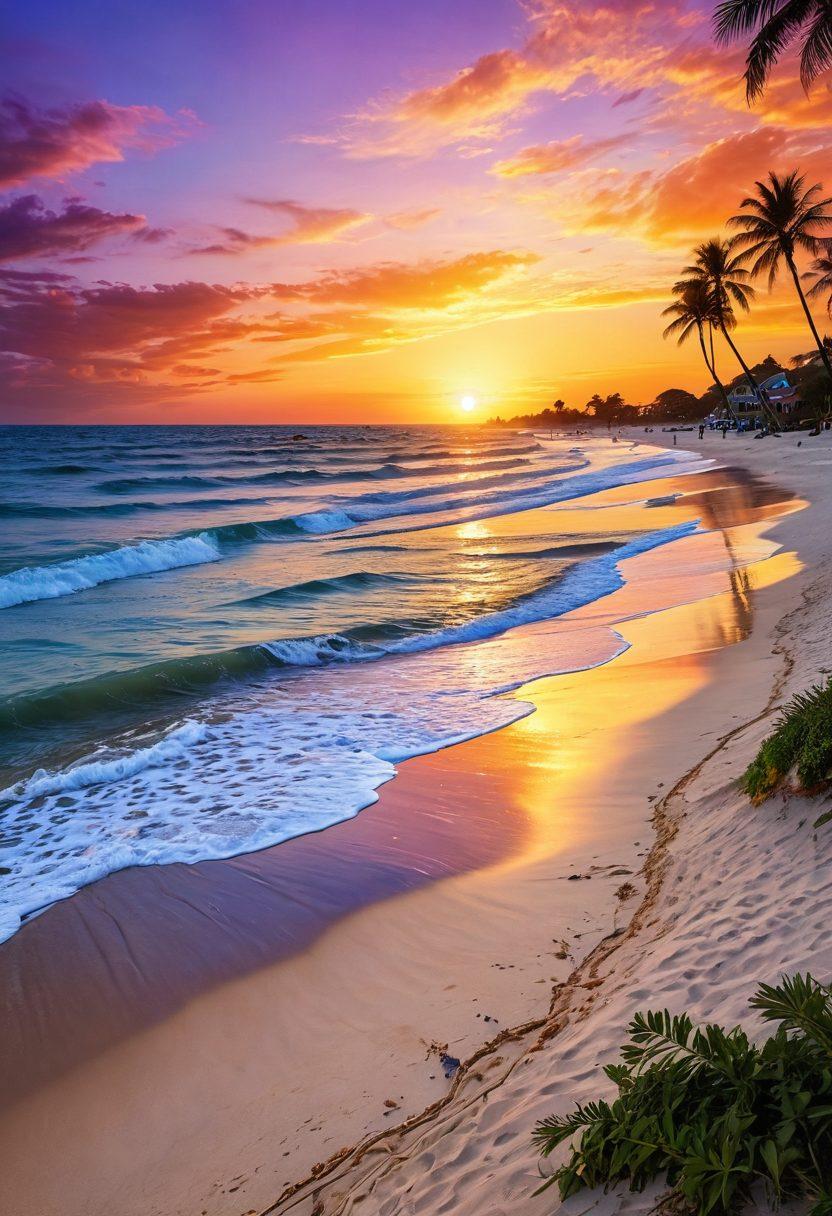 A serene beach scene with gentle ocean waves lapping at the shore, vibrant sun-kissed sand dotted with colorful beach umbrellas, cheerful people enjoying water sports, children building sandcastles, and a picturesque sunset reflecting hues of orange and pink in the sky. Add palm trees swaying gently in the breeze. super-realistic. vibrant colors. sunset backdrop.