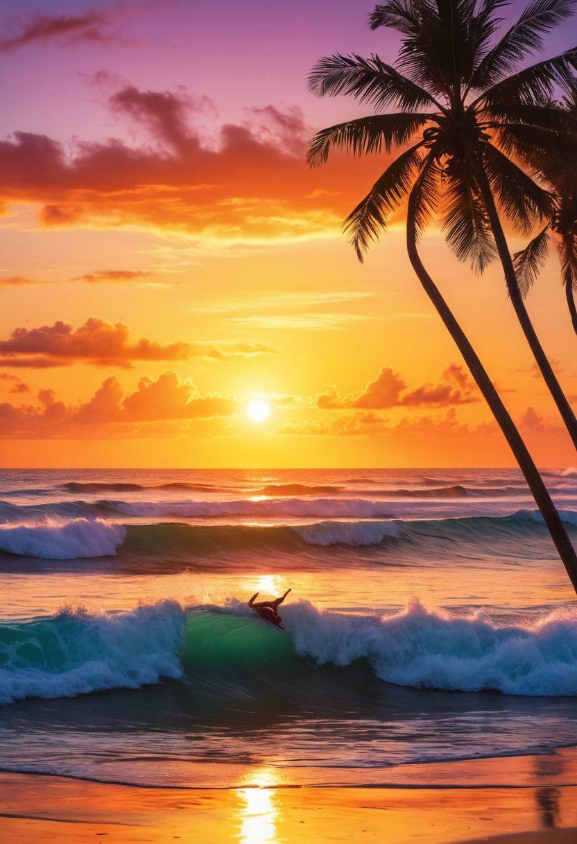 A vibrant beach scene capturing iconic surf culture, featuring surfers catching epic waves under a radiant sunset. Include palm trees swaying in the breeze and colorful surfboards lined up on the shore. The energy of the waves should be palpable, with splashes of water catching the light. Embrace a sense of adventure and freedom, with some dolphins jumping in the distance. super-realistic. vibrant colors. sunset background.