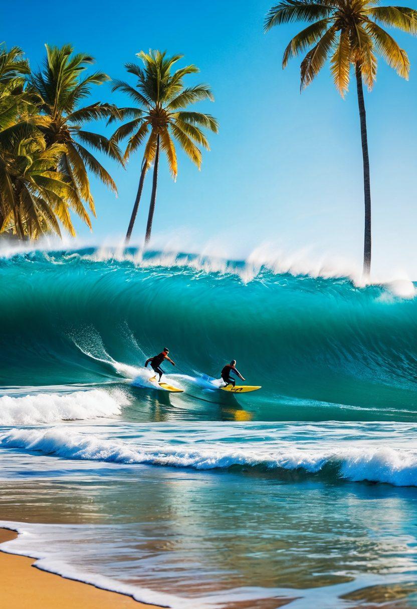 A vibrant beach scene featuring a diverse group of surfers riding massive, colorful waves under a bright blue sky. Sunlight sparkles on the water as the surfers showcase their skills, each on uniquely designed surfboards. Palm trees sway gently in the background, adding to the tropical vibe. The atmosphere is filled with energy, joy, and a sense of adventure. The colors are bright and lively, capturing the essence of a super surfing lifestyle. super-realistic. vibrant colors. dynamic composition.